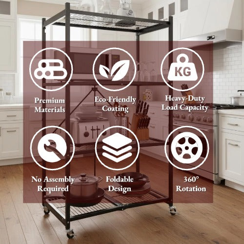 【🔥76.56-lb Weight Capacity🔥】4 -Tier Foldable Storage Shelves with Wheels(BUY 2 GET 2 FREE + Free Storage Basket)