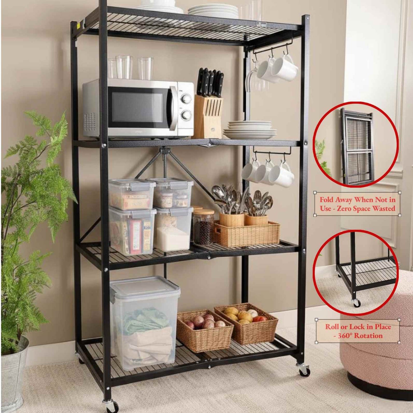 【🔥76.56-lb Weight Capacity🔥】4 -Tier Foldable Storage Shelves with Wheels(BUY 2 GET 2 FREE + Free Storage Basket)