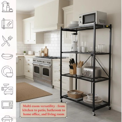 【🔥76.56-lb Weight Capacity🔥】4 -Tier Foldable Storage Shelves with Wheels(BUY 2 GET 2 FREE + Free Storage Basket)